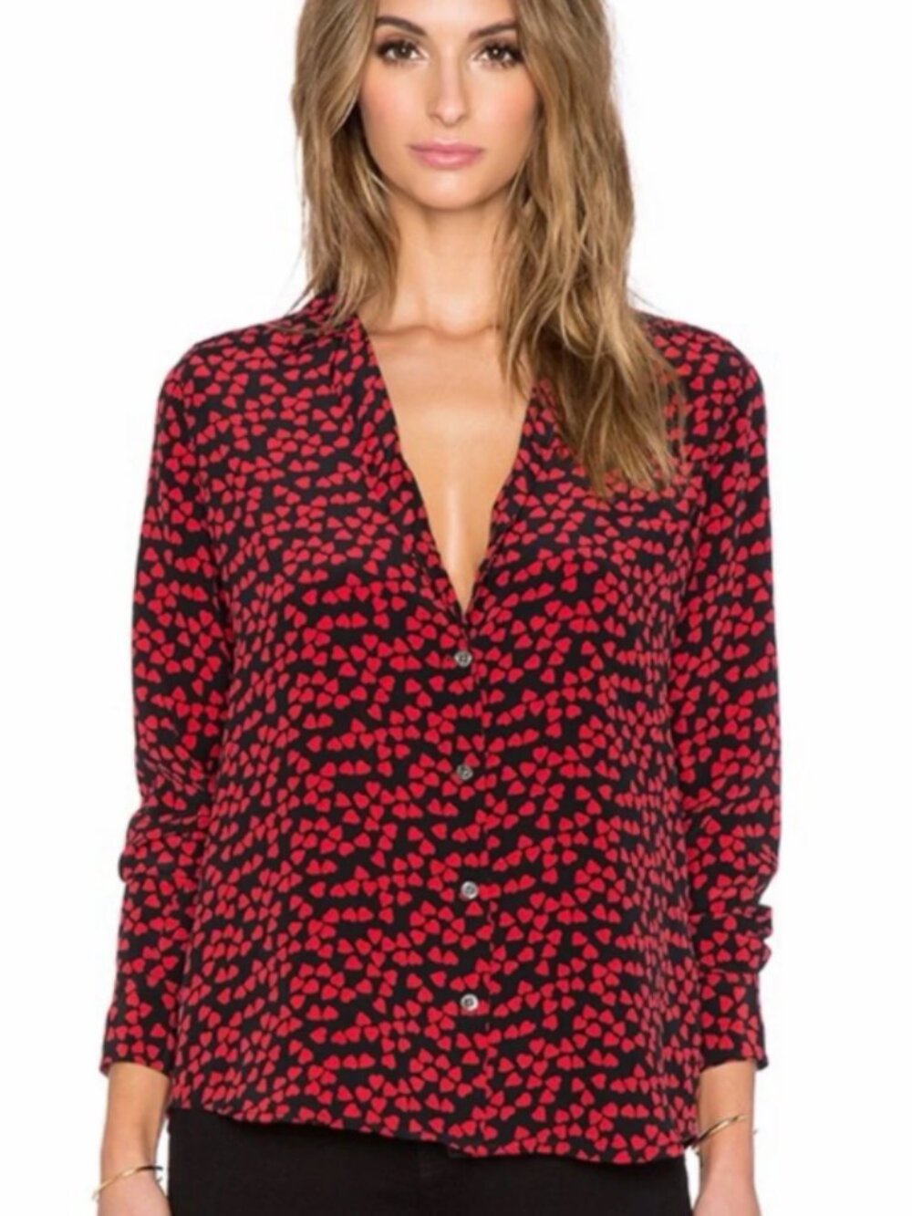 Equipment Femme Adelyn 100% Silk Heart Print Blouse Black/Red Size Large